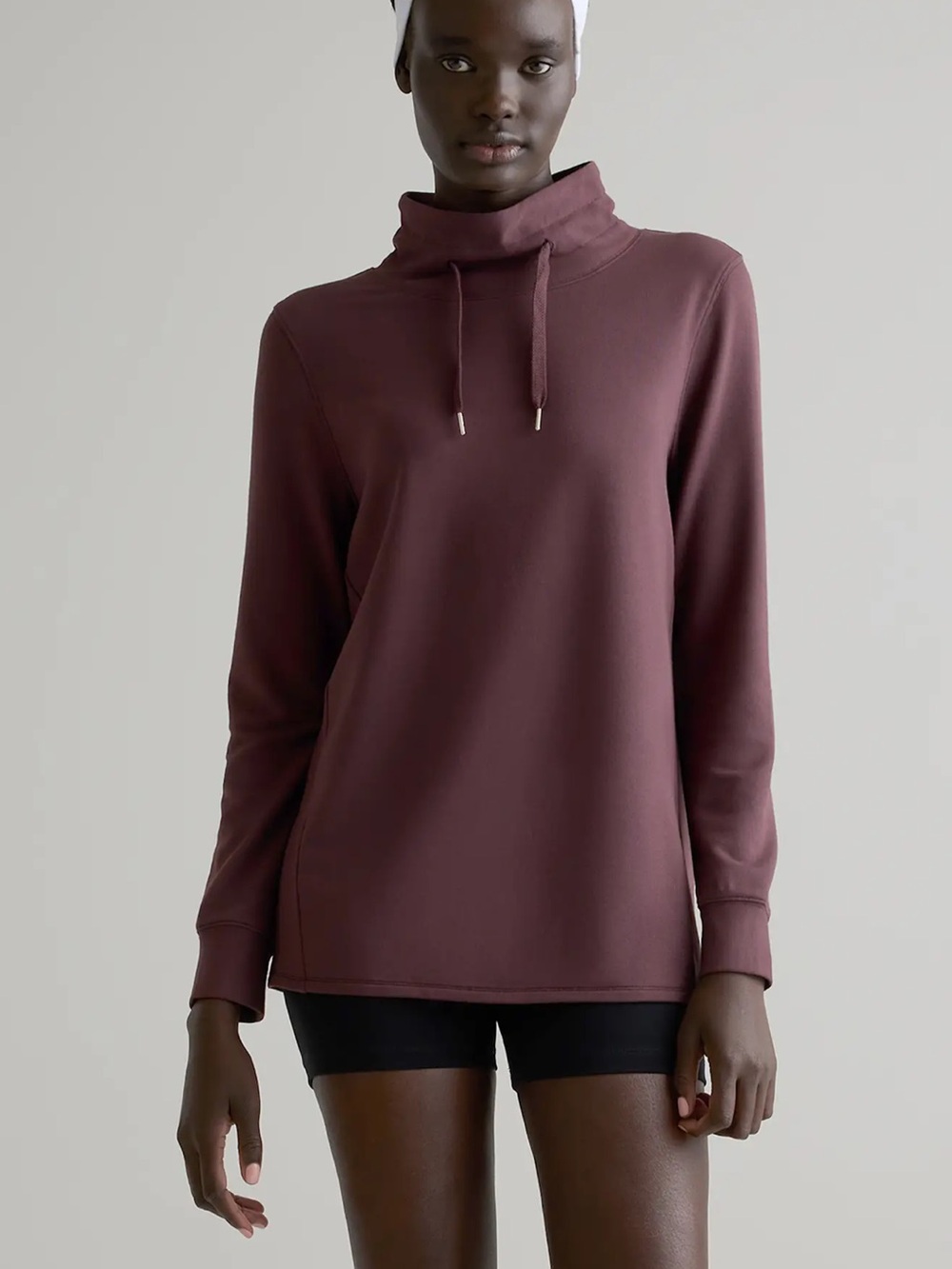 Quince SuperSoft Fleece Mock Neck Pullover in dried fig size large